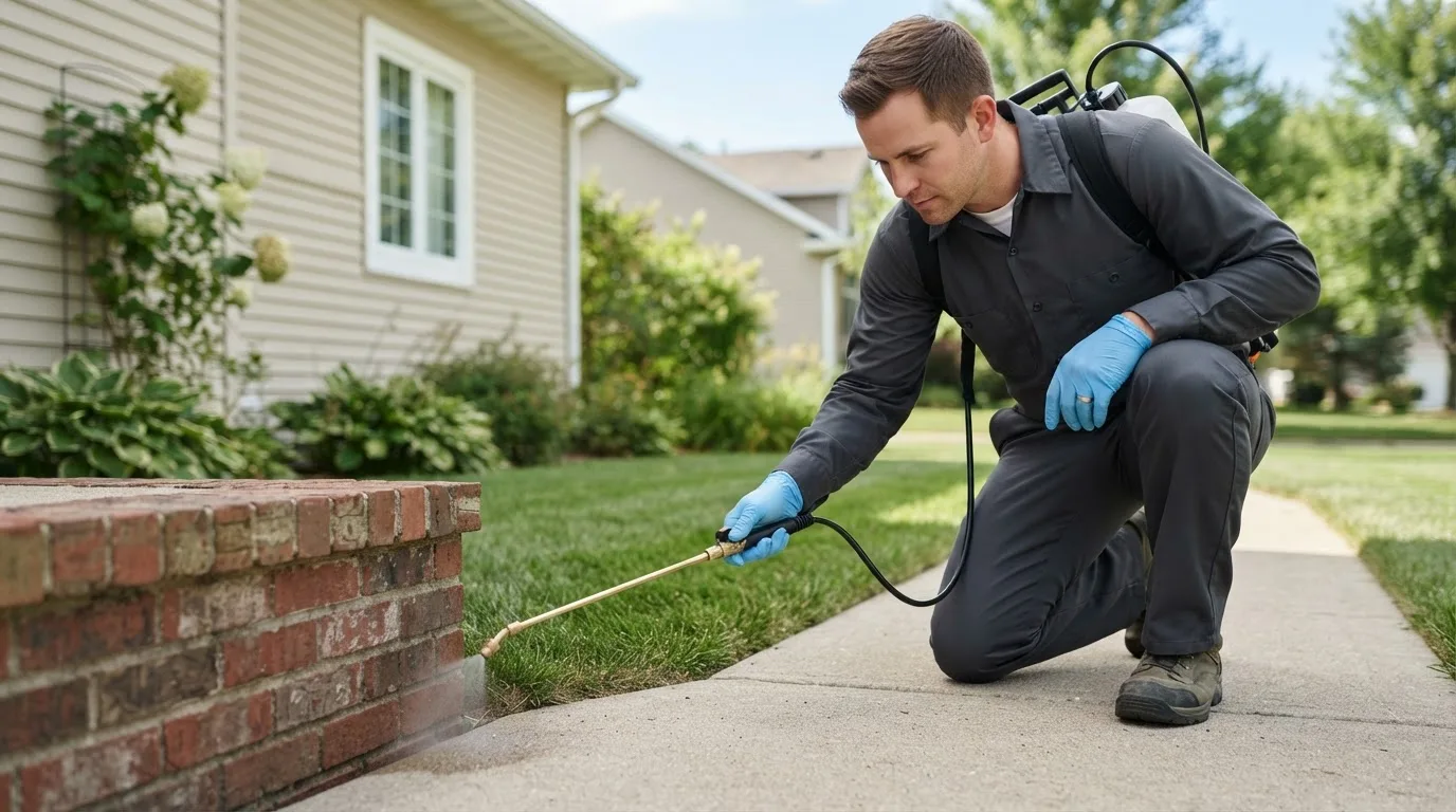 Pest control technician treating a home near Hobart, NY