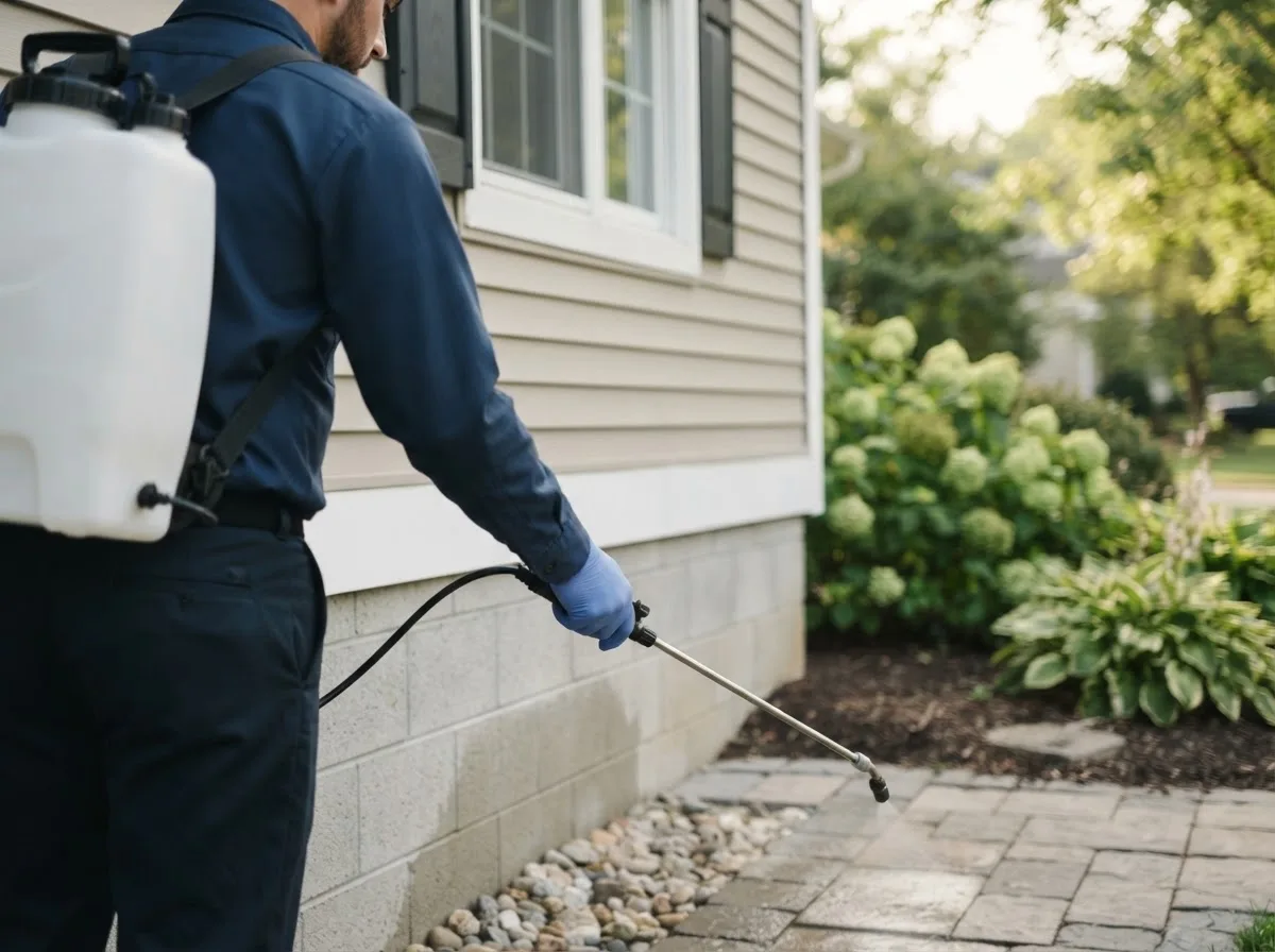 Pest control technician inspecting a home in Hobart, NY